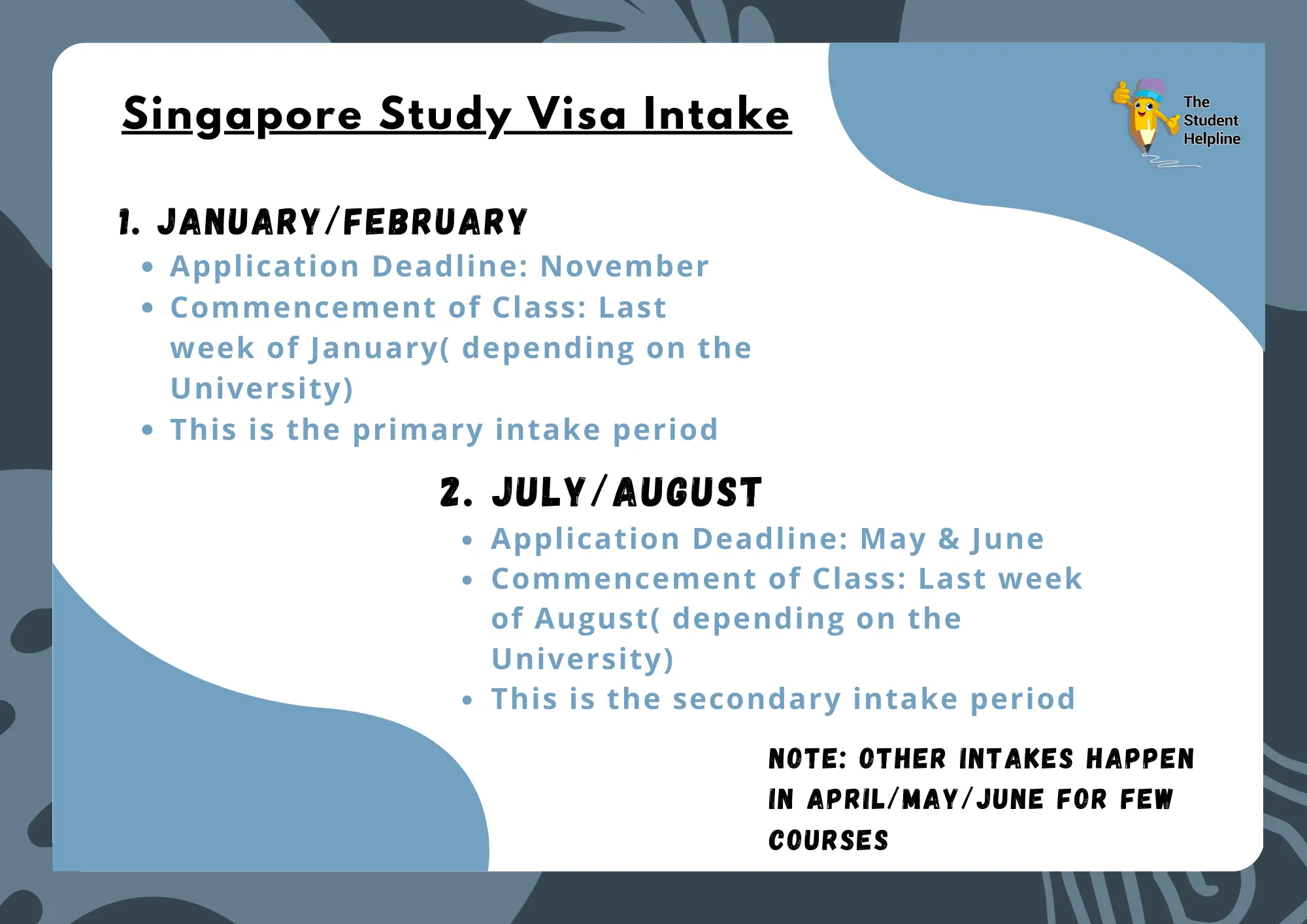 Singapore Study Visa Intake Periods